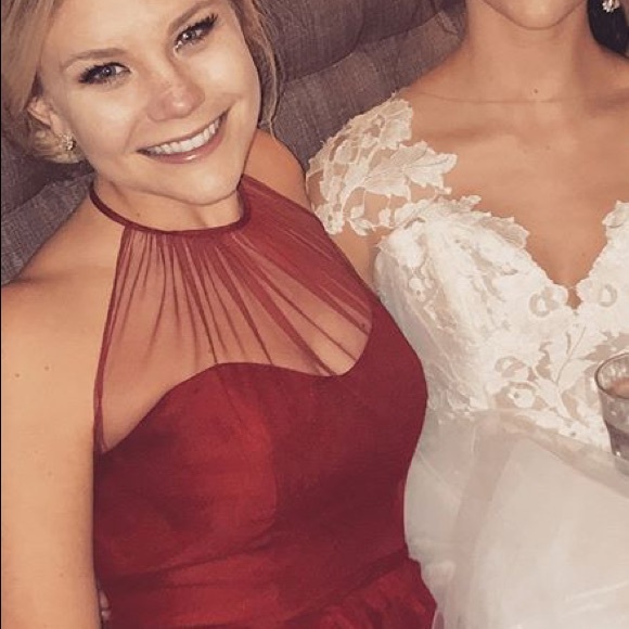 Alfred Angelo Wine Halter Tulle Bridesmaid Dress - Picture 3 of 5